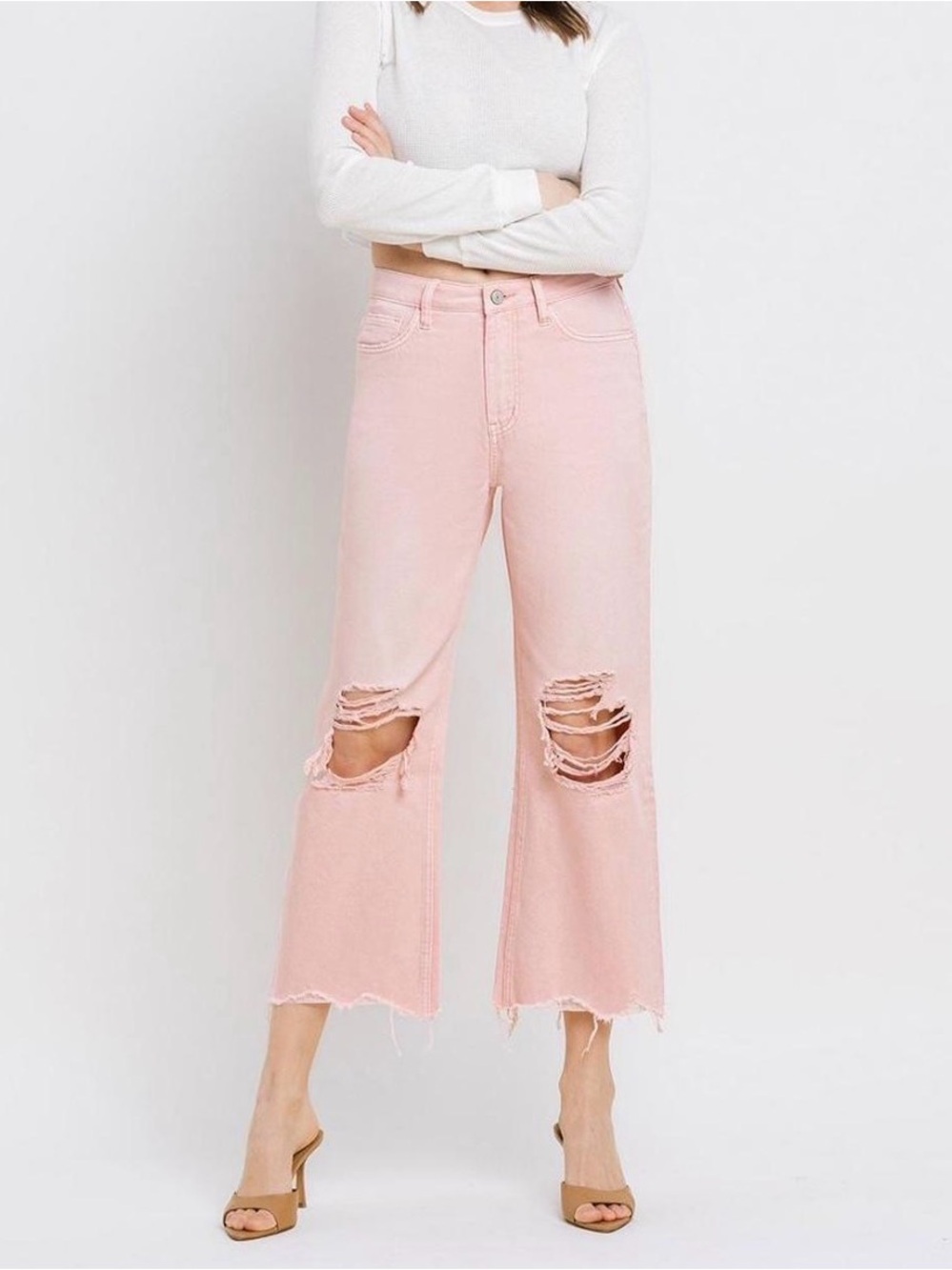 Altar’d State Vervet High Rise Pink Distressed Wide-Leg Jeans Size 28 FLAW